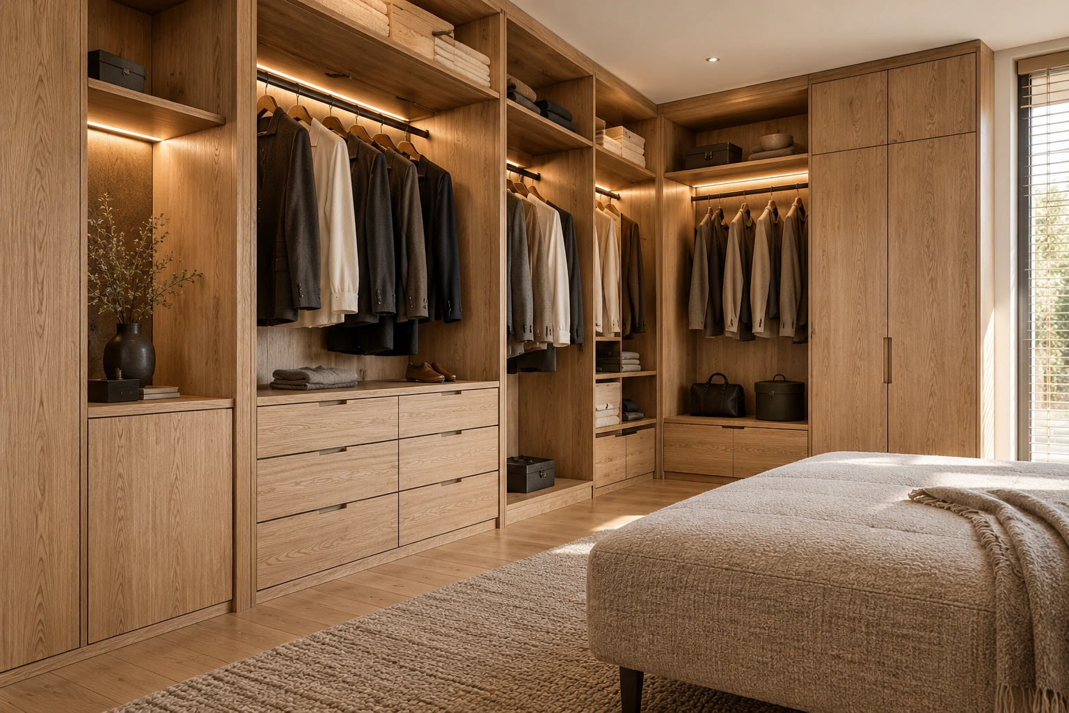 Inspiration : dressing en chêne avec rangements éclairés