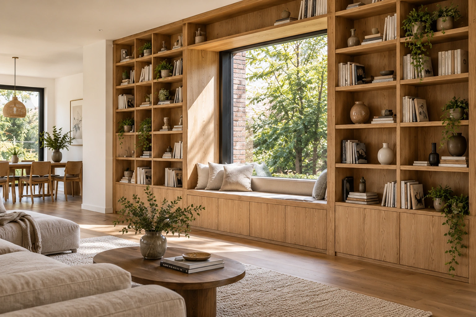 Bibliothèque en chêne sur mesure avec banquette, dans un intérieur lumineux